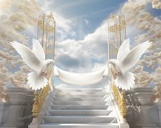 two white doves are on the steps leading up to an open gate with clouds in the background