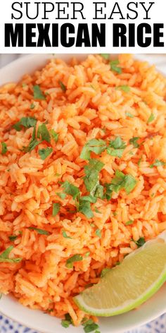 mexican rice in a white bowl with lime and cilantro garnish on the side