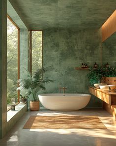 a bathroom with a large bathtub next to a sink