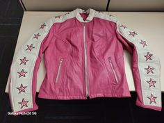 Medium size pink woman's leather motorcycle jacket with stars down the sleeves. Has a zip out liner. Like new, never worn outside of the house other than to try on. Pink Motorcycle Jacket, Diy Leather Jacket Ideas, Fitted Pink Biker Leather Jacket, Pink Winter Biker Jacket, Winter Pink Biker Jacket, Pink Punk Outfits, Diy Leather Jacket, Jacket With Stars, Princess Era