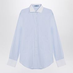 Light Blue Cotton Prada Shirt From Prada Featuring Long Sleeves, Contrasting White Button Cuffs And Collar, Front Button Placket, Curved Hem And Rear Triangle Logo Patch. Model Wears Size 38 It Model Measurements: Height: 180 Cm Chest: 85 Cm Waist: 66 Cm Hips: 89 Cm Size Type: It Material: Cotton Sku: 2f-P452hrooo15se/P_prada-F0012_102 Welcome To The Official Luosophy Poshmark Closet! Luosophy Is A Luxury Brand Reselling Company Founded In San Diego, Ca From 2016. All Our Products Are Imported F Business Light Blue Spread Collar Top, Business Light Blue Tops With Spread Collar, Business Light Blue Top With Spread Collar, Light Blue Spread Collar Top For Business, Light Blue Tops With Button Cuffs And Spread Collar, Elegant Blue Top With Fold Down Collar, Designer Business Shirt With Fold Down Collar, Light Blue Office Shirt With Button Cuffs, Light Blue Shirt With Button Cuffs For Office