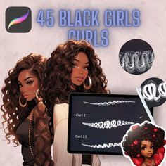 the girl is holding a computer screen with black girls'hair and earrings on it