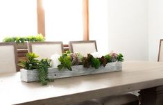 a wooden table topped with lots of plants