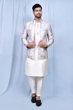 Grey jacket with patchwork print and sequin, thread embroidery. Paired with matching kurta and pant. - Aza Fashions Festival Long Sleeve Nehru Jacket With Mirror Work, Formal Semi-stitched Nehru Jacket With Cutdana, Semi-stitched Nehru Jacket With Cutdana, Designer Long Sleeve Semi-stitched Nehru Jacket, Pant Art, Luxury Single-breasted Nehru Jacket With Stand Collar, Luxury Single-breasted Long Sleeve Nehru Jacket, Grey Kurta, Grey Jacket