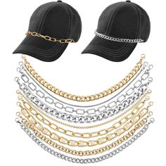 a baseball cap with chains on the front, and five different styles of chain around it