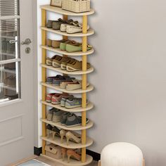 Presented to you is this 9-tier round corner shoe rack, specially designed for small storage space. Lightweight and practical yet large capacity, it provides neat and organized storage for your shoes. With chic rounded corners design, you can use it safely without worrying about poking and prodding. This shoe rack is absolutely perfect for your need to love your shoes and tidy your space. Rebrilliant | Rebrilliant Pair Shoe Storage brown / Manufactured Wood / Solid Wood in White | 18 | Wayfair | Corner Shoe Rack, Small Storage Space, Corners Design, Wood Organization, Organized Storage, Deck Box Storage, Small Space Storage, Garage Storage Cabinets, Garden Storage