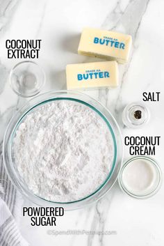 ingredients needed to make homemade butter on a white marble counter top with text overlay