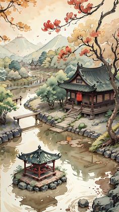 Japanese Village Concept Art, Japanese Village Aesthetic, Japanese Village Art, Japanese Architecture Drawings, Vivid Paintings, Japanese Village, Landscape Design Drawings, Chinese Art Painting, Dreamy Artwork