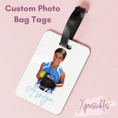 Personalized Custom bag tag / custom luggage tag features a name, photo, or logo and optional second side. Makes a great gift for anyone! ✨ PROPS ARE NOT INCLUDED, listing is for one bag tag only - Sizes are approximate, colors are representations as your screen and resolution may display the color differently, and picture of decal is not to scale. ✨ Tag measures approx 3.9" high x 2.7" wide ✨ Design is UV printed onto the tag which means it is permanent! No stickers or decals on this item. The design is on the front of the tag only. ✨ Optional 2nd side The design is professionally printed by me in my studio using my own equipment, UV print ink and printing technology. These are NOT print on demand items. We use only the highest quality permanent UV inks, we do NOT use off brand watered do Personalized Rectangular Luggage Tag For School, Personalized White Luggage Tag For Travel, Rectangular Luggage Tag With Id Window For Personal Use, Black Rectangular Luggage Tag For School, Customizable Black Luggage Tag For Personalized Gift, Customizable White Luggage Tag For Travel, Customizable Black Luggage Tag For Gift, Customizable Black Luggage Tag As Gift, Customizable Black Luggage Tag Gift