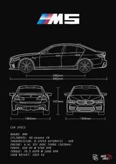 the bmw m5 blueprint is shown in black and white, with measurements for each car