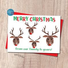 a christmas card with three reindeer heads and the words merry christmas from our family to yours