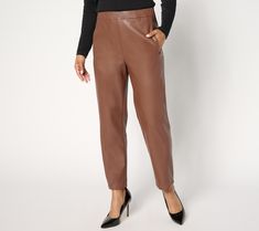 Tired of your assortment of tan trousers and dark denim? Add some edgy elegance to your wardrobe with these faux leather pants. No matter where you're heading, you'll look chic and feel fabulous in the standout style. From by Stacy London. Trendy Tapered Leg Leather Pants For Work, Chic Tapered Leg Leather Pants For Business Casual, Chic Faux Leather Pants For Business Casual, Chic Brown Leather Pants For Fall, Chic Brown Faux Leather Pants, Brown Office Pants For Fall, Trendy Leather Pants For Workwear In Fall, Faux Leather Tapered Leg Bottoms For Fall, Faux Leather Pants With Faux Front Pockets For Work