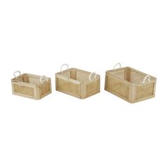 three wicker baskets with handles and handles