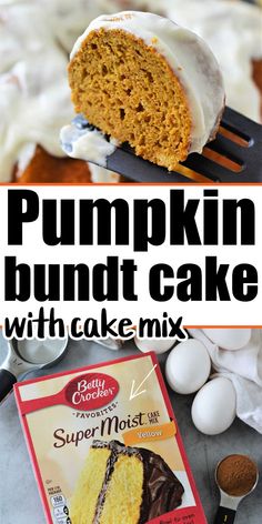 pumpkin bundt cake with cream cheese frosting is on a plate and has a fork in it