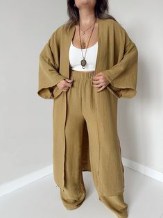 Bohemian Muslin Beige Kimono, Pants 2 Piece Set, Organic Kimono, Plain Boho Summer Kimono - Etsy Casual Cotton Kimono For Loungewear, Cotton Kimono With Kimono Sleeves For Loungewear, Beige Loungewear Sets With Pockets, Cotton Pant Set With Relaxed Fit, Cotton Relaxed Fit Matching Pant Set, Beige Relaxed Fit Sets For Beach, Beige Relaxed Fit Beach Set, Casual Beige Kimono For Loungewear, Casual Loungewear Set With Kimono Sleeves