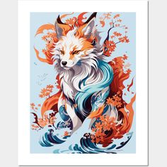 a painting of a fox with orange and blue colors on it's face, running through