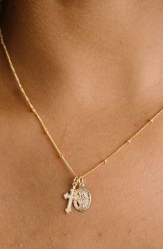 Dainty Necklace With Miraculous Medal, Dainty Rose Gold Crucifix Jewelry, Dainty 14k Gold Cross Charm Necklace, Dainty 14k Gold Cross Pendant Charm Necklace, Dainty Cross Pendant Charms Jewelry, Dainty Charm Necklaces With Miraculous Medal As Gift, Dainty Miraculous Medal Charm Necklaces As Gifts, Dainty Miraculous Medal Charm Necklace As Gift, Dainty Charm Necklaces With Miraculous Medal For Gifts