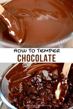 melted chocolate in a metal pan with a wooden spoon and text overlay that reads how to temper chocolate