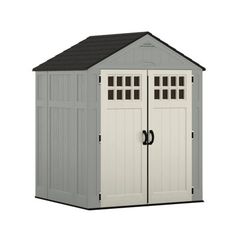 an outdoor storage shed with the door open and two windows on each side, in front of a white background