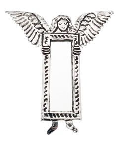 an angel holding a mirror with its wings spread out in front of the frame,