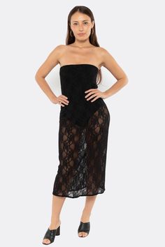 FNS800 - Floral Lace Midi Tube Dress – Los Angeles Apparel Los Angeles Apparel, Women In Black, Garment Manufacturing, 401k, Winter Lookbook, Fall Winter Wardrobe, Lace Midi, Sleeveless Crop Top, Tube Dress