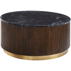 a black marble and brass coffee table with an oval top, on a white background