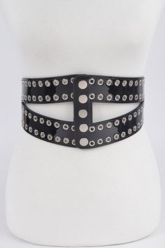 "Corset stretch belt with eyelet.  50% pu  30% elastic  20% iron  Approx. width 5\" length: 31.5\"" Trendy Adjustable Faux Leather Belt, Trendy Spring Corset Belt With Belt Loops, Adjustable Corset Belt For Spring, Trendy Adjustable Belt Buckles For Party, Adjustable Corset Belt For Party In Spring, Adjustable Corset Belt For Spring Party, Trendy Adjustable Corset Belt With Belt Loops, Party Belts With Rivets, Trendy Black Belts With Rivets