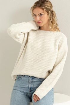 The ribbed texture adds a touch of charm to this timeless sweater, making it a versatile addition to your wardrobe. With its cozy fit and classic design, this sweater is perfect for staying warm and stylish on chilly days. Model is 5' 9" Tall, 32" Chest, 23" Waist and 35" Hips and Wearing a Size Small Relaxed fit 88% Polyester / 7% Nylon/ 5% Spandex Raglan Sleeve Imported Cream Color Round Neck Classic Wardrobe Staples, New Friendship, Cozy Fits, Sweater Making, Ribbed Sweater, Fashion Essentials, Ribbed Fabric, Raglan Sleeve, Stay Warm