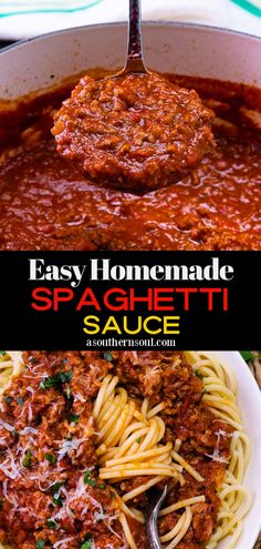 easy homemade spaghetti sauce in a white bowl with a ladle scooping from it