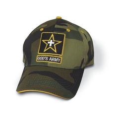 Camo army style cap God's Army appliqued and embroidered graphics star and cross; decorative metal stud trim; adjustable hook and loop back closure; green. One size fits most adults. Military Style Khaki Cotton Baseball Cap, Khaki Cotton Military Baseball Cap, Military Hat With Adjustable Logo Patch, Green Military Baseball Cap With Flat Bill, Green Military Style Baseball Cap With Flat Bill, Green Military Cotton Hat, Green Cotton Military Hat, Military Green Snapback Hats, Adjustable Green Military Hat