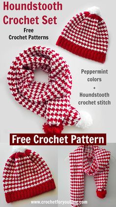 a red and white knitted hat, scarf and mitt with text that reads houndstooth crochet set