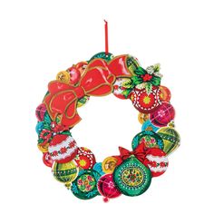 a christmas wreath ornament hanging from a red ribbon on a white background with ornaments around it