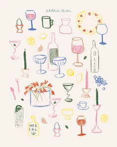 an image of colored crayons on white paper with wine glasses and vases