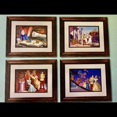 four framed pictures of disney characters hanging on the wall