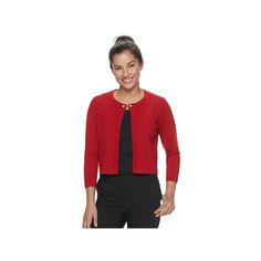 Add a sophisticated final layer to any outfit with this women's Nina Leonard bolero cardigan, featuring simulated pearl accents. Watch the product video here.PRODUCT FEATURES Simulated pearl accent Hook-and-eye closure 3/4-length sleeves FIT & SIZING Cropped length FABRIC & CARE Rayon, nylon Machine wash Imported Size: Medium. Color: Red. Gender: female. Age Group: adult. Elegant Fitted Cardigan, Elegant Red Cardigan For Fall, Stretch Cardigan For Workwear, Elegant Red Spring Cardigan, Evening Cardigan For Spring, Fitted Red Cardigan, Bolero Cardigan, Bolero Jacket, Product Video