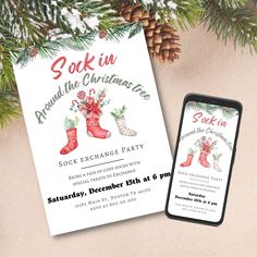 a christmas party flyer with an image of boots and stockings on it next to a phone