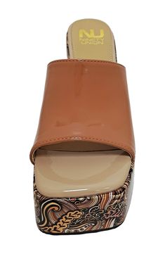 A boldly printed platform and heel energizes this slide sandal finished with a glossy top strap. 4 1/2" heel; 1 1/2" platform Synthetic upper, lining and sole Imported Slide Sandals, Platform Sandals, Camel, Womens Sandals, Slippers, Nordstrom, Sandals, Heels