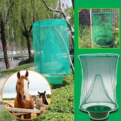 there is a horse that is standing in the grass next to some plastic containers and trees