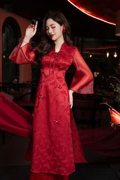 📌HANDMADE item  At EmTam Boutique, you will find the most stylish outfits in a wide size range and high quality at reasonable prices    📌 MESSAGE us if you're not sure of your ASIAN AODAI SIZE   Please LOOK AT THE SIZE CHART CAREFULLY BEFORE ORDERING   📌 This set includes 1 ao dai top & pants, perfect for any special occasions like lunar New year, mid-autumn festival, wedding, temple, church or photoshoot...   📌 There might be up to 10% color variance due to lightning and viewing devices Elegant Red Long Sleeve Ao Dai, Red Long Sleeve Ao Dai For Evening, Red Long Sleeve Cheongsam For Spring, Traditional Long Sleeve Red Cheongsam, Red Cheongsam For Spring Festivals, Red Cheongsam For Spring Festive Occasion, Red Long Cheongsam For Spring, Red Long Sleeve Ao Dai For Formal Occasions, Festive Red Cheongsam For Spring