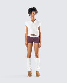 Being hot and iconic can be tiring at times, you deserve to rest up 😏 This two-piece set features a sweater vest, paired with burgundy jersey boxer shorts and white ribbed leg warmers 🤍 Sporty Fitted Shorts For Fall, Stretch Short Tops For Daywear, Ribbed Short Length Tops For Loungewear, Ribbed Loungewear Tops, Sporty Loungewear Shorts For Winter, White Ribbed Casual Shorts, White Leg Warmers, Rest Up, Leg Warmer