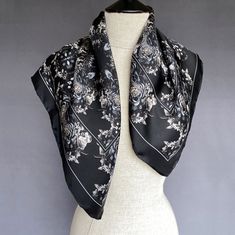 Small Beacon Silk Scarf in Black and Slate Grey Floral - Marie Livet Netflix Lucifer, Pocket Square Styles, Small Silk Scarf, Silk Scarf Style, Ways To Wear A Scarf, Well Dressed Women, Floral Silk Scarf, Guiding Light, Tom Ellis