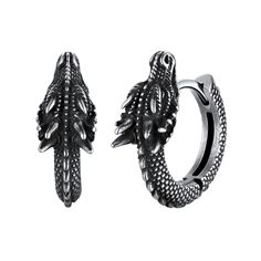 PRICES MAY VARY. Dragon Earrings- Powerful flying full dragon design earrings. Retro black punk style earrings for unisex men or women wear. Material - 316L grade stainless steel made, surgical hypoallergenic and nickel free, lead free, friendly to ear skins. Huggie hoop earrings -Hoop diameter 11mm(0.44 inch), earrings thickness 2.8mm, hinged endless back finding is 0.9mm(19G), Weight 4.2 grams/pair. Package - comes with U7 box and a black velvet bag ; U7 Stylish Punk Rock Earrings for Men Wome Steel Dragon, Punk Rock Jewelry, Claw Earrings, Dinosaur Earrings, Unisex Earrings, Mens Earrings Hoop, Dragon Earrings, Earrings For Men, Style Rock