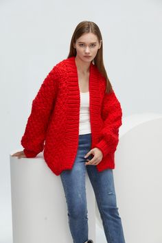 "Oversize cardigan gives you cozy feel and stylelish looking! Feastures: * Open front cardigan * Oversize looking * Drop-shoulder sleeves * 100% pure Australian chunky wool yarn - soft and cozy, no itchy at all! Size: S/ M(us 4-8) L/XL(10-16). Pls. choose size and color options. Size Measurements: S/M: chest 52\"(132cm), length -26\"(66cm) L/XL: chest 55\"(140cm), length- 28\"(70cm) If you want it in different size or measurements, pls. leave the note or convo me so I can make a special listing Trendy Red Oversized Cardigan, Trendy Oversized Red Cardigan, Oversized Red Knit Sweater Coat, Cozy Red Cable Knit Cardigan, Oversized Red Knitted Cardigan, Red Chunky Knit Winter Cardigan, Oversized Red Knit Cardigan, Red Knitted Winter Cardigan, Red Knitted Cardigan For Winter