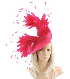 Hats By Cressida Kentucky Derby & Ascot Fascinator Hats Mieke Feather & Sinamay Fascinator Gorgeous pretty spiky coque feathers on a sinamay base Base measures about 12 inches wide Mounted with a matching headband. If you prefer a headband to match your hair, please make a note at check out what colour headband you want. We make each hat to order and can add or change colours just email us with what you need. We can also make a custom design for you if you have something else in mind. COLOUR SAM Fitted Wedding Fascinator For Carnival, Wedding Carnival Fascinator, Elegant Rose Red Fascinator For Wedding, Pink Party Hat With Feathers, Pink Feathered Fascinator For Evening, Pink Headpieces For Carnival Party, Pink Evening Headpiece For Carnival, Pink Hat For Evening Carnival, Pink Carnival Headpieces For Party