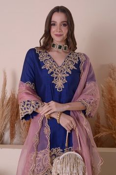 Blue kurta with floral, crescent moon embroidery using gota, zari and beaded work. Paired with a sharara with zari, floral embroidery on the hemline and baby pink dupatta with scallop trimmings. - Aza Fashions Sharara Set, Silk Embroidery, Fashion App, Three Quarter Sleeves, Floral Embroidery, Baby Pink, Aza Fashion, V Neck, Silk