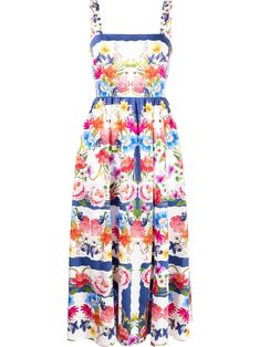 multicolour cotton all-over floral print square neck sleeveless fitted waistline A-line skirt mid-length Floral Print Midi Dress For Garden Party, Midi Length Floral Dress For Garden Party, Summer Multicolor Square Neck Maxi Dress, Multicolor Print Sundress For Garden Party, Printed Midi Dress With Square Neck For Garden Party, Square Neck Printed Midi Dress For Garden Party, Multicolor A-line Sleeveless Dress With Floral Print, Multicolor Floral Patchwork Midi Dress, Multicolor Midi Dress With Floral Patchwork