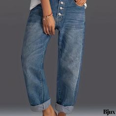 Bjux - Womens Single Breasted Button Straight Jeans with Slant Pockets, Loose Fit Casual Denim Pants Casual Medium Wash Jeans With Snap Buttons, Baggy Mid-rise Bottoms With Button Closure, Casual Wide Leg Jeans With Button Closure, Casual Denim Jeans With Snap Buttons, Baggy Denim Jeans With Buttons, Non-stretch Denim Blue Bottoms With Button Closure, Casual Denim Blue Jeans With Snap Buttons, Casual Snap Button Denim Blue Jeans, Baggy Medium Wash Bottoms With Button Closure