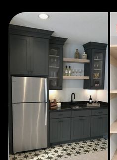 there are two pictures of a kitchen with gray cabinets and silver appliances in the same photo