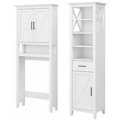 two white shelves with doors and drawers on each side, one has a door open