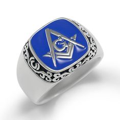 A stunning blue sterling silver Masonic ring with Square and Compass surrounded by black filigree enamel designed exclusively by our company. The perfect finishing touch to any gentlemen's attire! Please select ring size in drop down bar. Sizes available: 9 10 11 12 13 * Officially Licensed Product - passed through examination and requirements by the Fraternity. In addition, part of the sales proceeds goes back to Freemasonry. * Product includes lifetime warranty: We pride ourselves in our high Greek Accessories, Fraternity Gifts, Sorority Jewelry, San Dimas, Big Little Gifts, Masonic Ring, Sorority Gifts, Fraternity, Silver Blue